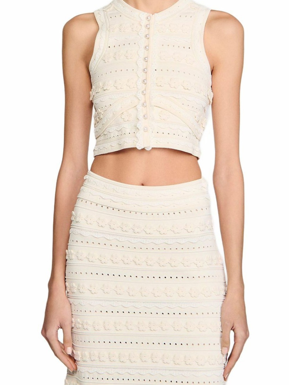 Sandro Cream Knit Midi Skirt with Front Slit - Picture 3 of 5